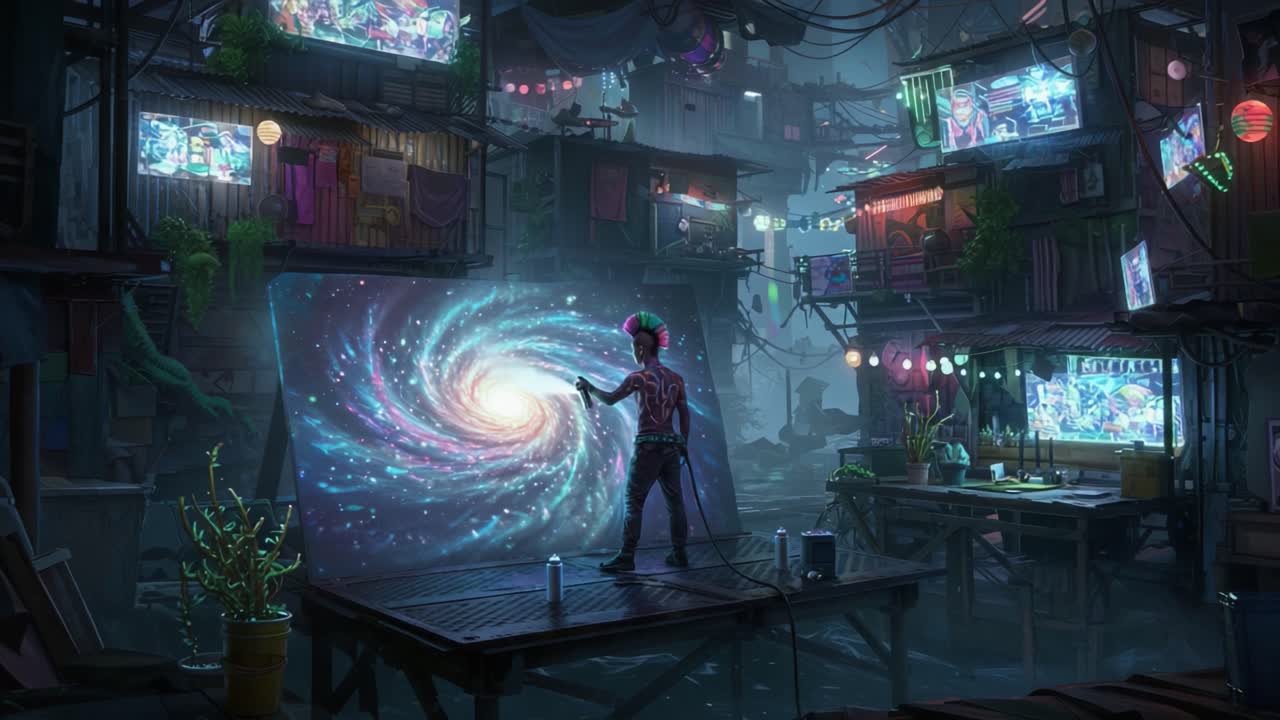 A Creative Visionary in a Futuristic Urban Setting Paints the Wonders of the Universe on a Canvas, Surrounded by Evocative Digital Displays and Rustic Charm