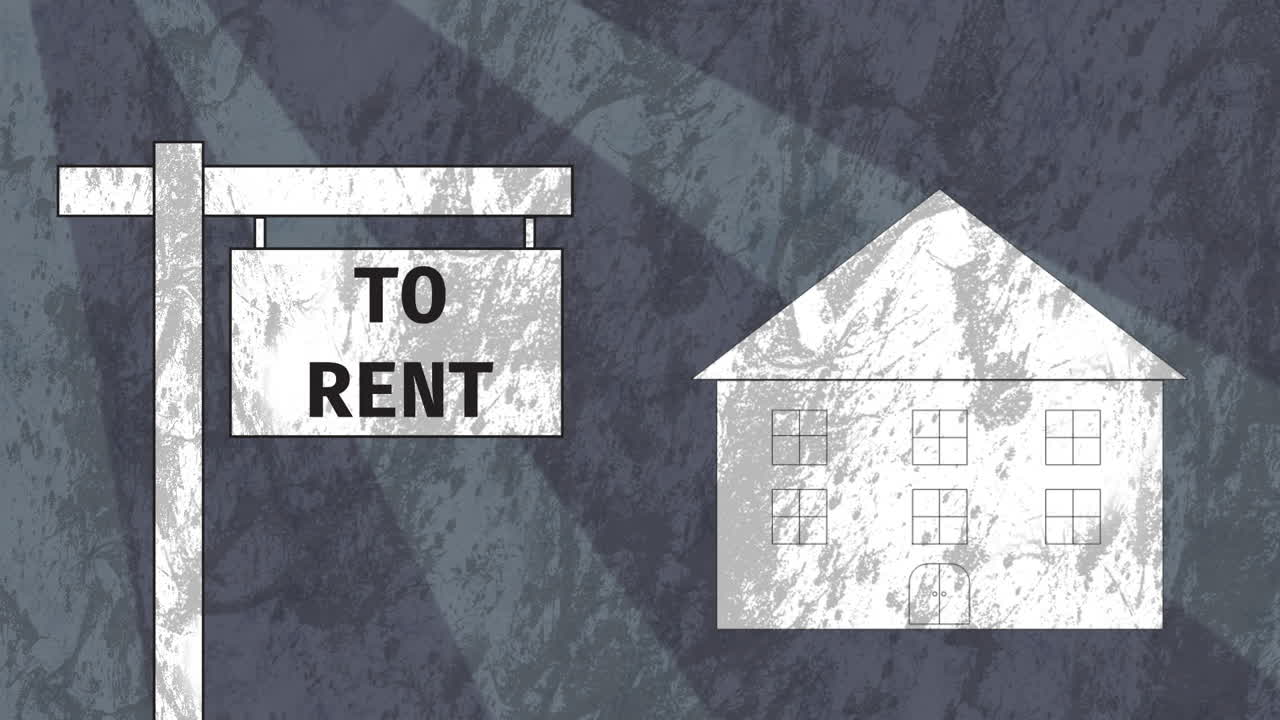 Animation of sign with to rent text and house over moving shapes