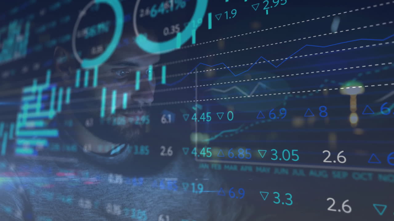 Animation of financial data processing over caucasian businessman in office