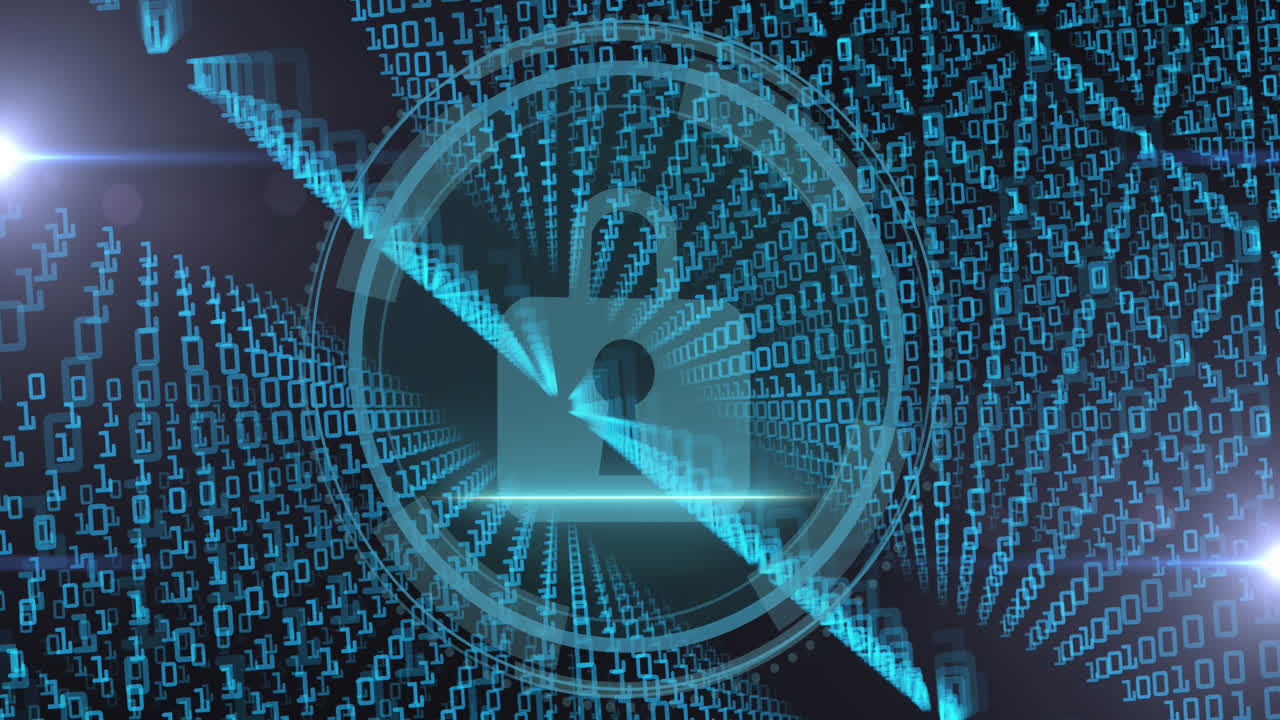 Animation of data processing and padlock over black background