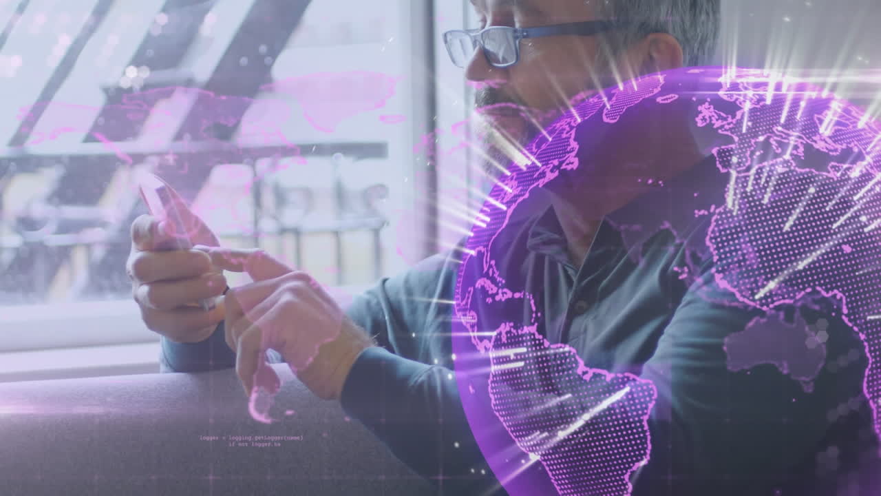 Animation of globe over man using smartphone
