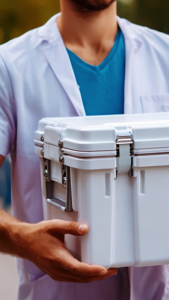 Una persona in camice medico tiene in mano un contenitore bianco e pulito per il trasporto di materiale medico, sottolineando l'importanza di consegne sterili in ambito sanitario e soluzioni logistiche.