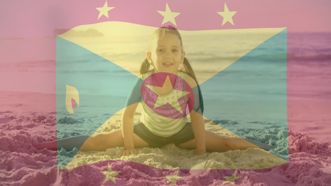 On beach, child doing splits with flag animation overlay, practicing gymnastics