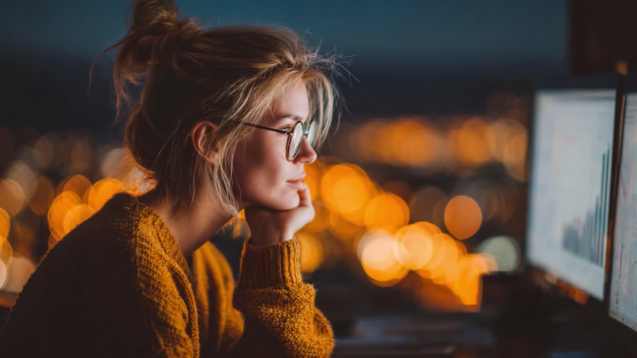 A Thoughtful Moment: Reflecting on Data Analysis While Surrounded by Evening City Lights, Capturing the Essence of Focus and Concentration in an Urban Setting