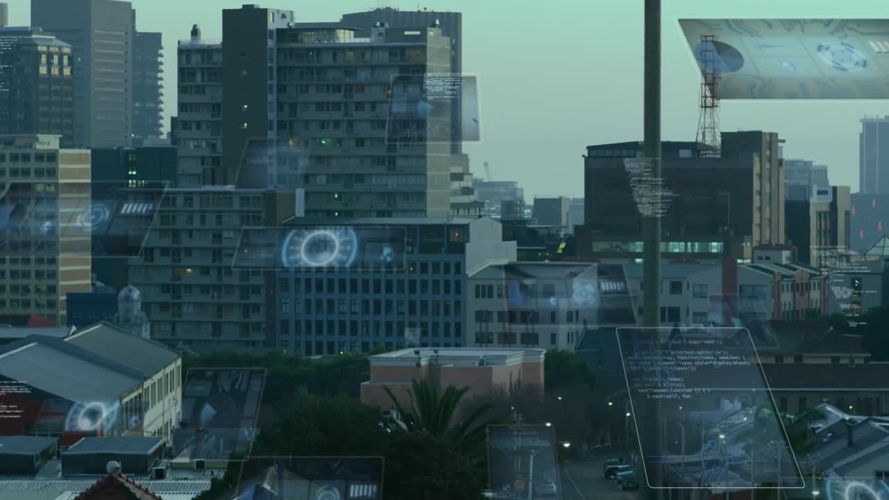 Animation of financial data processing over cityscape