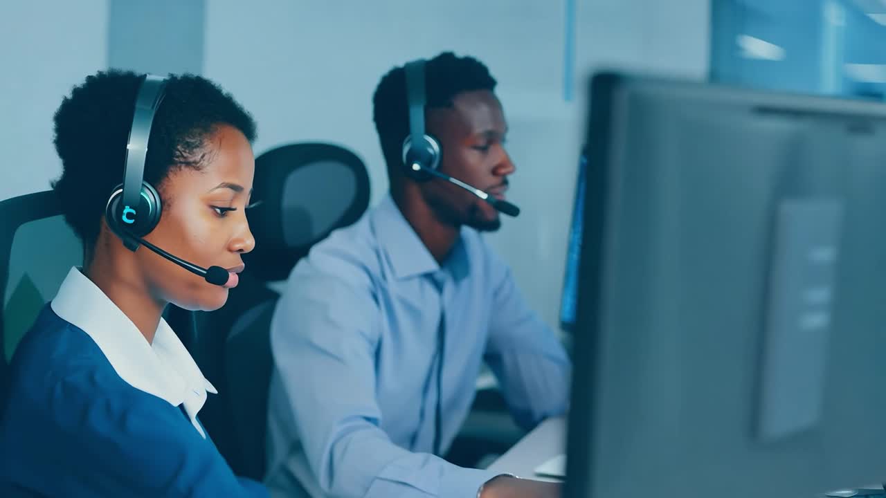 Two customer service representatives wearing headsets and working at their desks in a call center