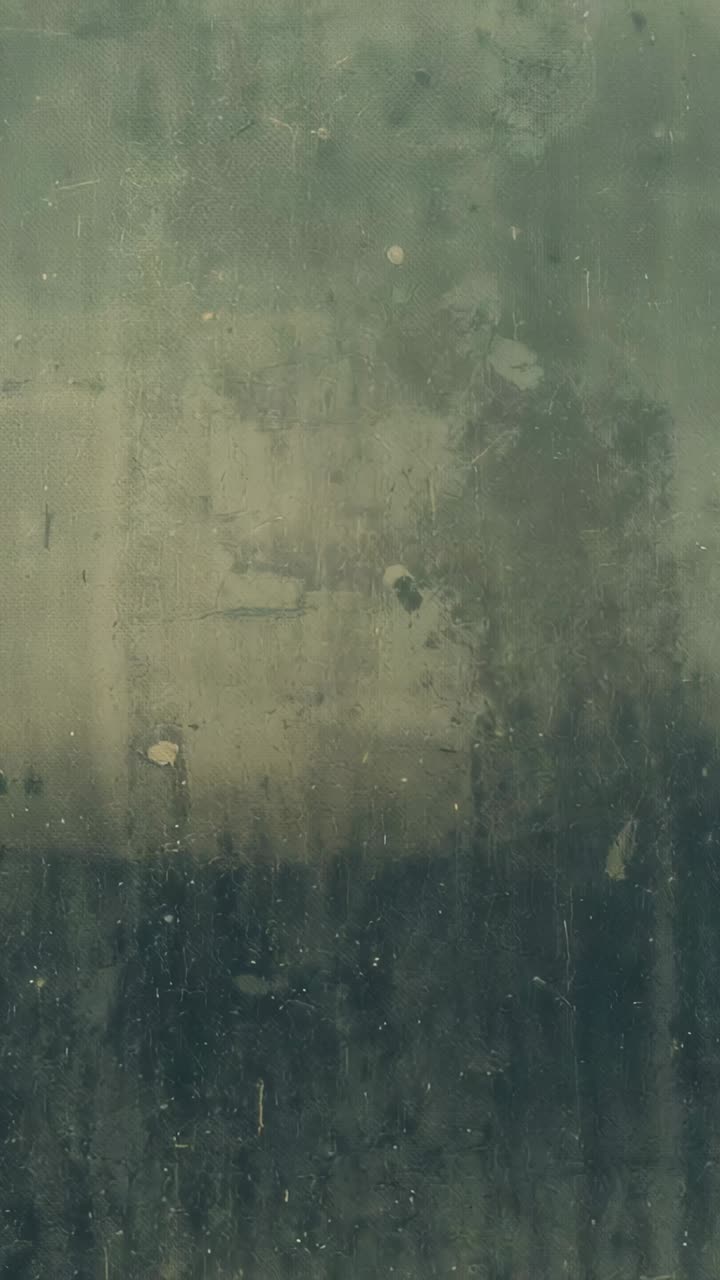 Vertical video: Panning camera studying worn glass panel at window, revealing dirt, chips, streaks