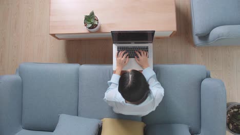 top view woman sitting sofa and use laptop computer in home living room, video in 4k