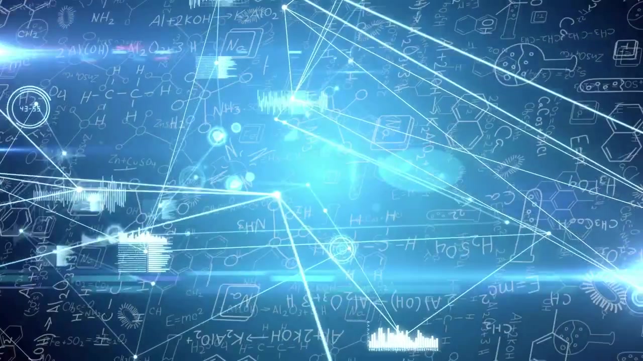 Central glow initiating node creation, nodes expanding, linking chemical formulas for data display