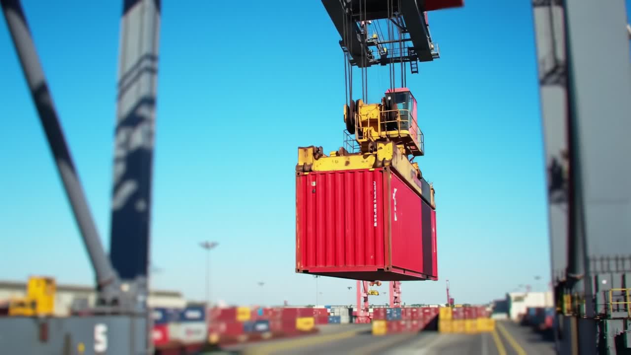 A large container crane lifts a red shipping container at a bustling shipping port. Cranes and stacked containers fill the background under clear blue skies, showcasing port activities.