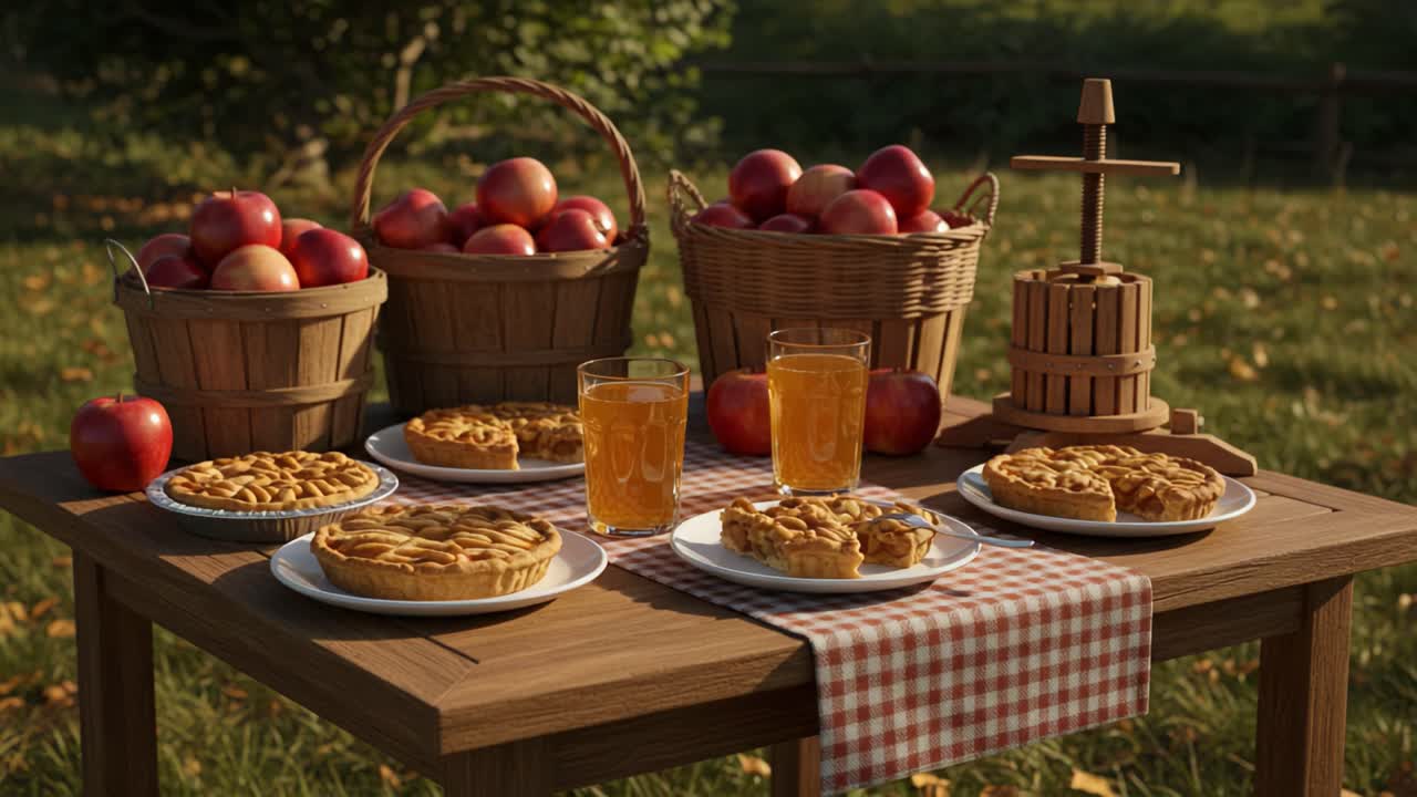 A picturesque autumnal scene featuring a wooden table set with delicious apple pies, refreshing beverages, and baskets of fresh apples under a serene outdoor backdrop
