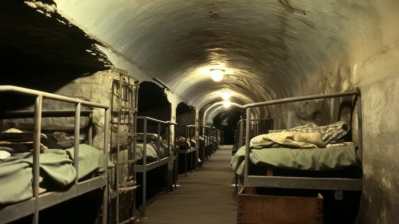 Rows of metal bunk beds lined with blankets and pillows inside an old war shelter tunnel, evoking a powerful sense of refuge and resilience amid wartime struggles