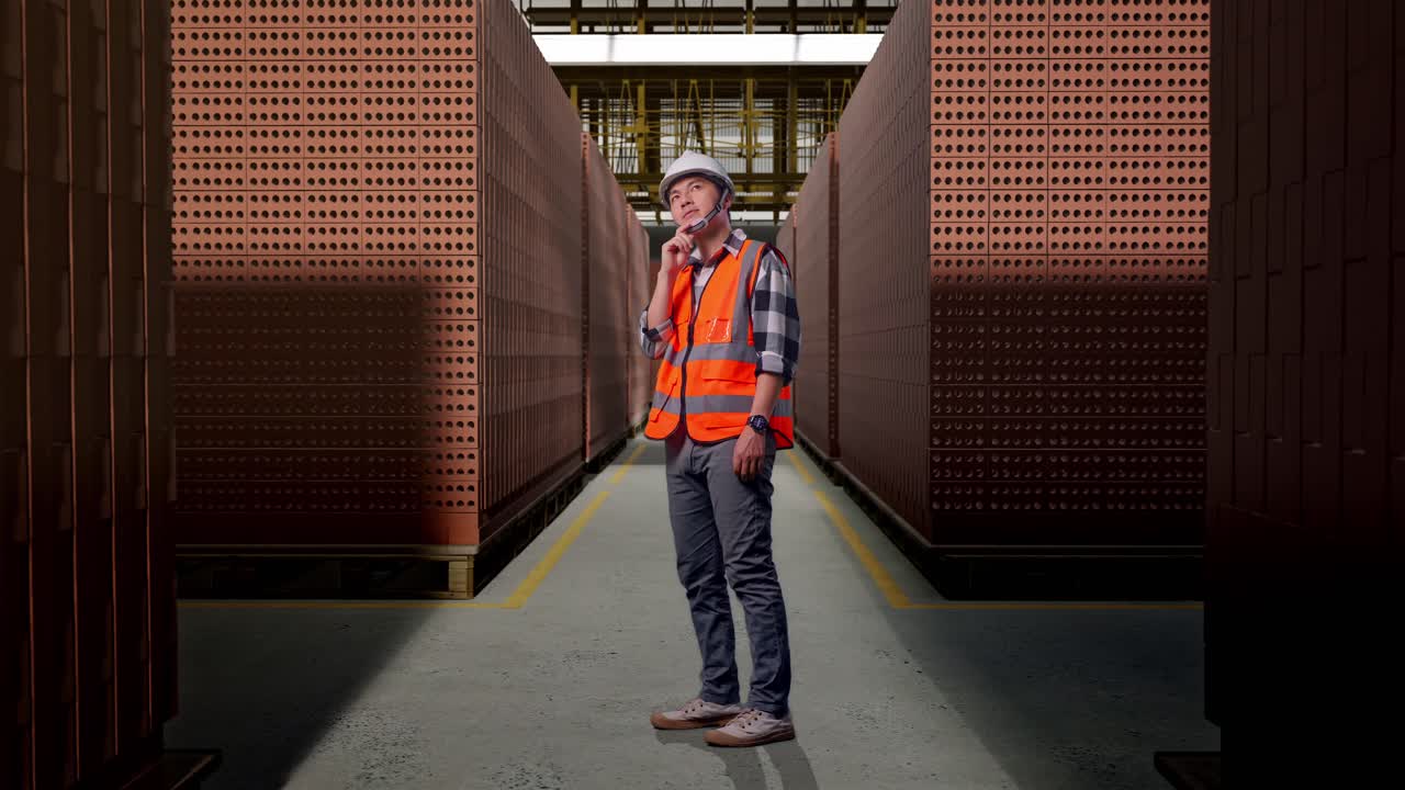 Full Body Side View Of Asian Male Engineer With Safety Helmet Thinking And Looking Around Then Raising His Index Finger While Standing With Red Brick Packed in Stacks Are Stored
