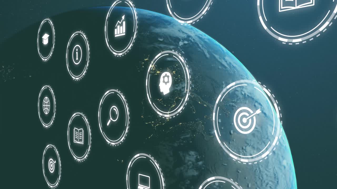 Animation of icons over globe on black background