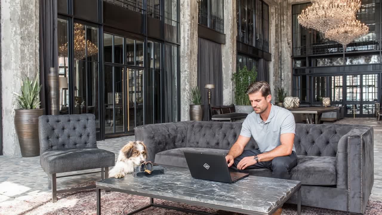 A Modern Living Space Featuring a Man Working on a Laptop While His Dog Curiously Watches, Highlighting a Chic Interior Design with Elegant Lighting and Cozy Furniture