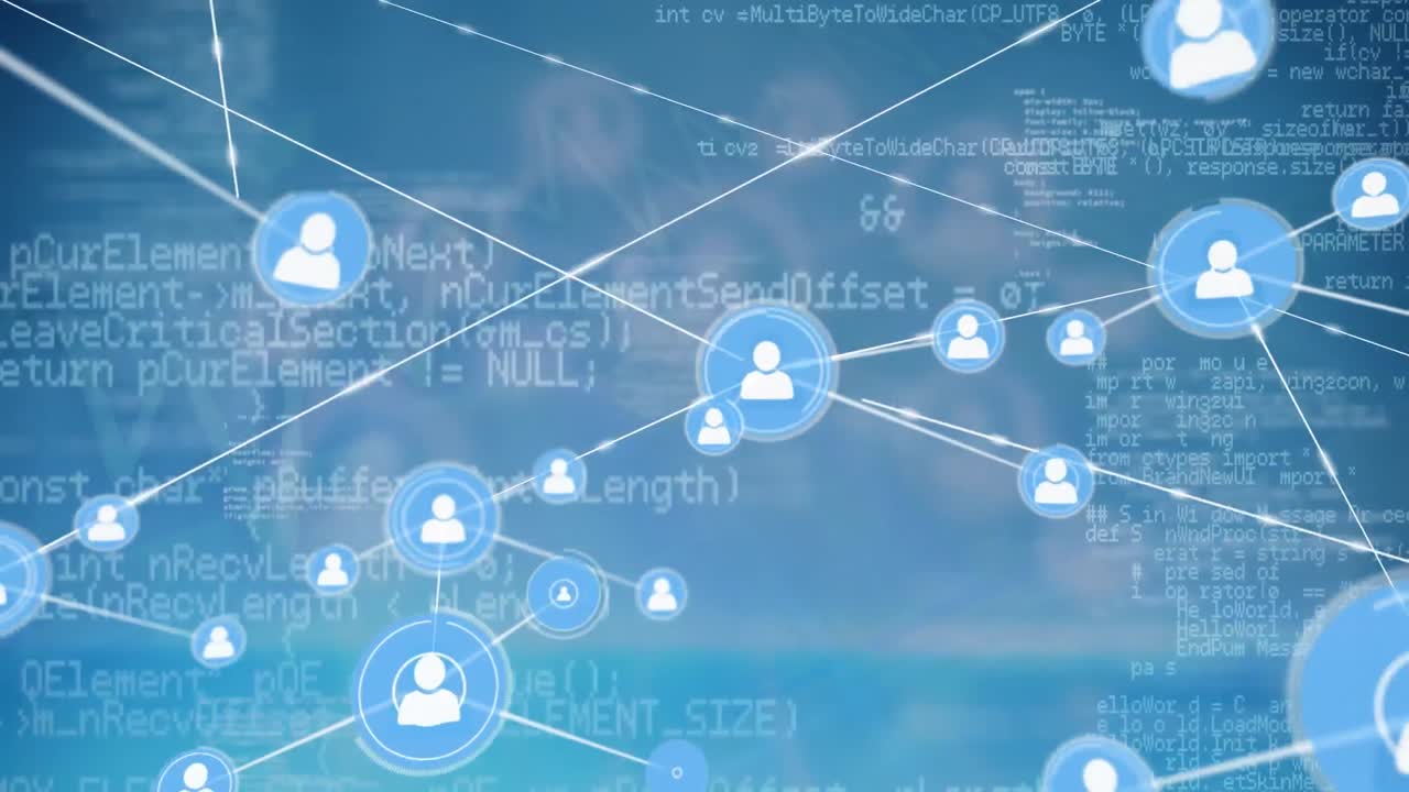 프로필 아이콘 네트워크의 애니메이션과 파란색 배경에 대한 데이터 처리