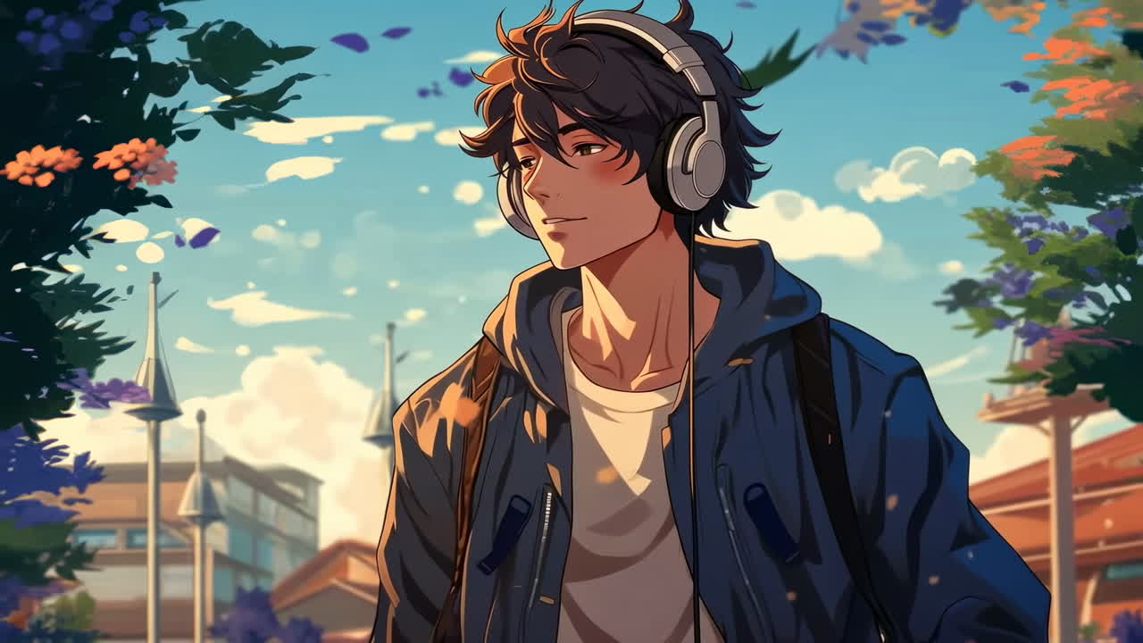 Chico anime con auriculares paseando al aire libre