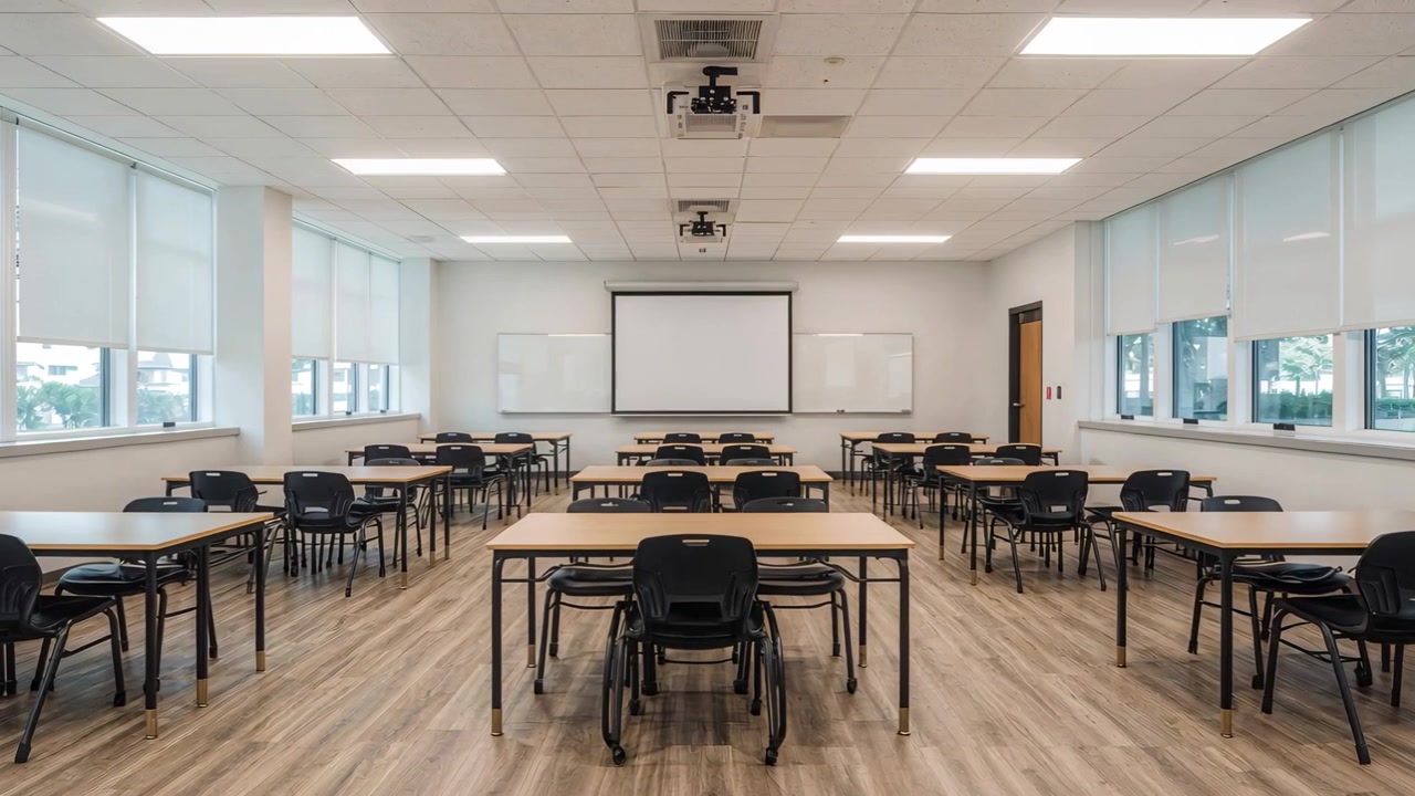 Telecamera in movimento lento che rivela un'aula vuota con file di banchi e un proiettore.