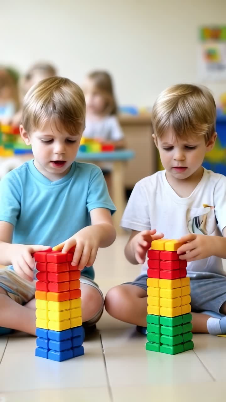 Kindergarten blonde children sitting on the floor, happily playing with colorful blocks.
