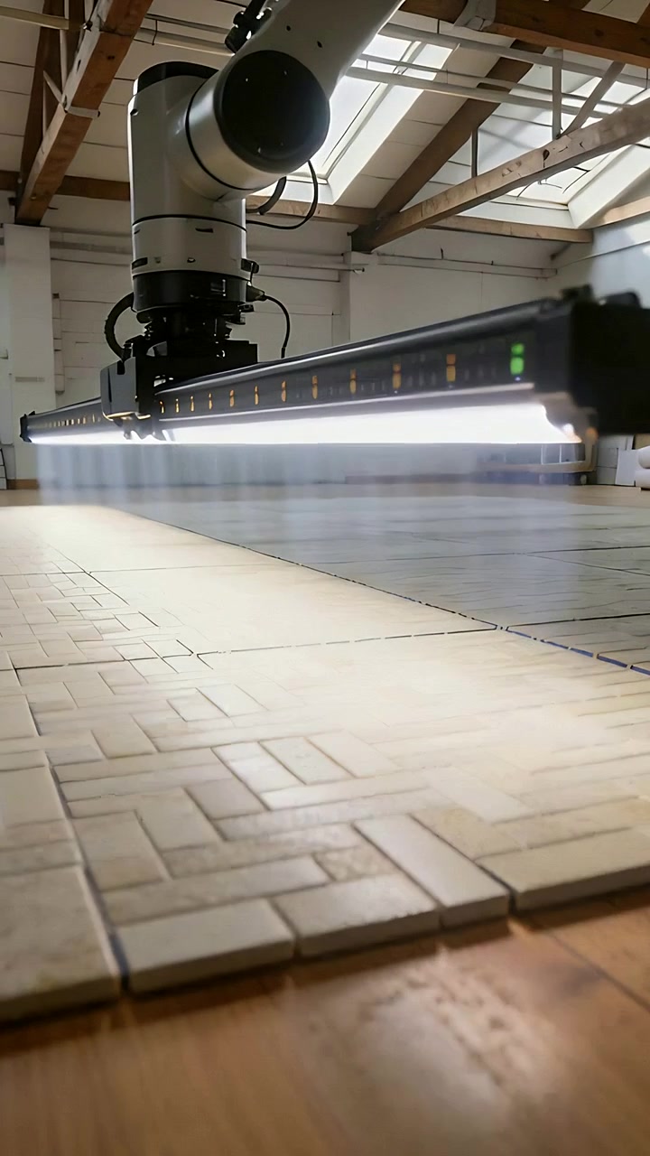 Video verticale: Braccio robotico che riceve il segnale, si abbassa e spazza in officina, barra LED per ispezionare le piastrelle