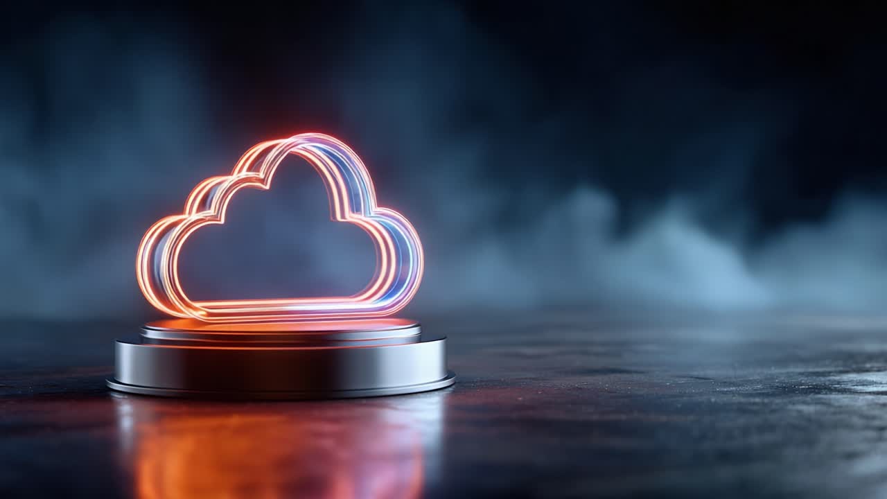 Stylized Neon Cloud Icon Illuminated on a Reflective Surface Surrounded by Misty Backdrop in a Futuristic Visual Representation of Data Saving and Cloud Technology