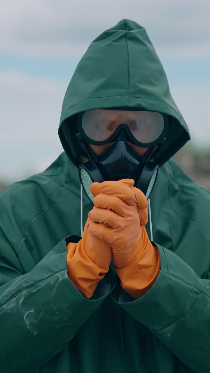 Man in uniform in the ruins. Man in gas mask in destroyed place after catastrophe