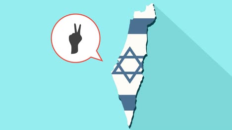 animation of a long shadow israel map with its flag and a comic balloon with a v hand sign