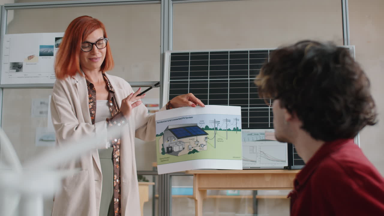 ingeniera presentando un proyecto de energía alternativa a sus compañeros de trabajo