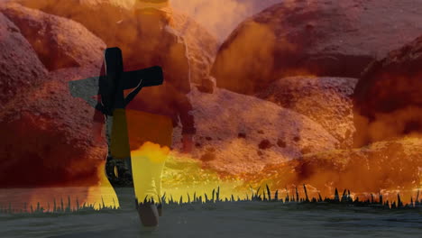cross silhouetted against fiery sky with dramatic landscape and grass animation