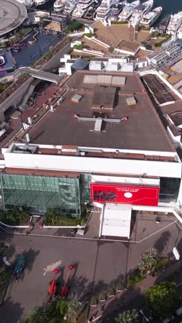 cannes, france. vertical drone shot of palace of festivals and congresses, movie festival theater venue
