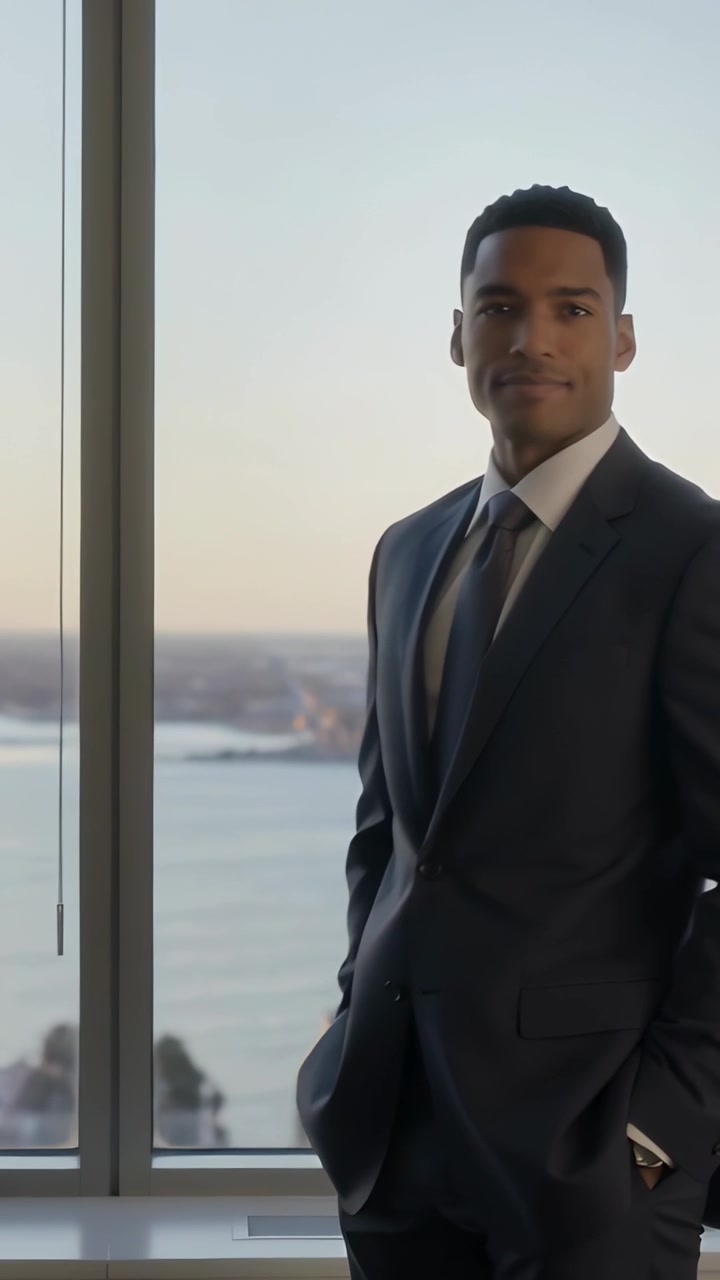 Vídeo vertical: Empresário de terno e gravata virando-se e reagindo ao pôr do sol na janela, com o horizonte do porto.