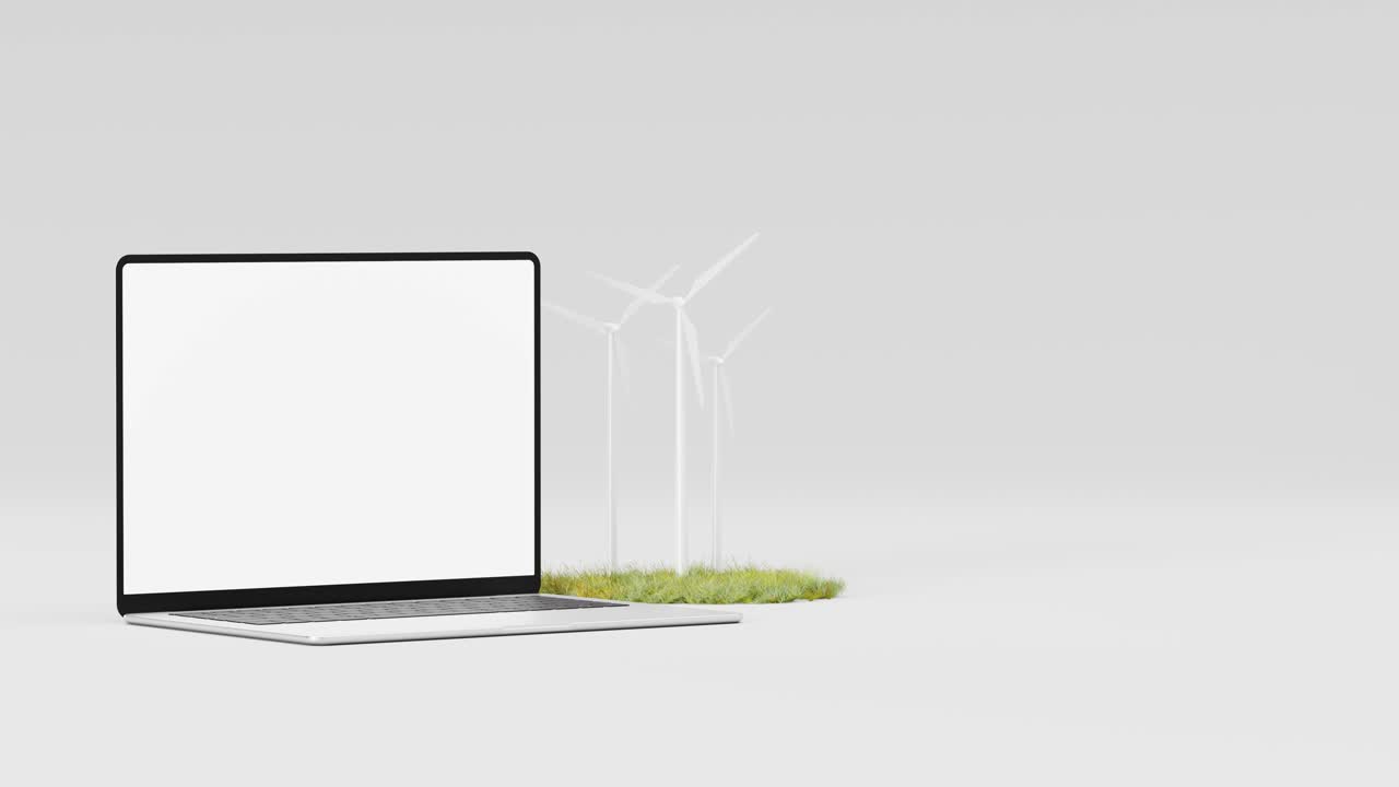 Laptop mockup near windmills and grass. 3d animation