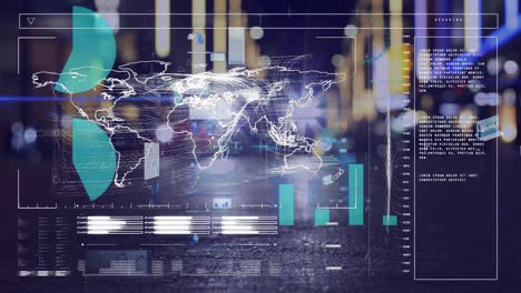 animación del procesamiento de datos en pantalla digital sobre el tráfico vial nocturno