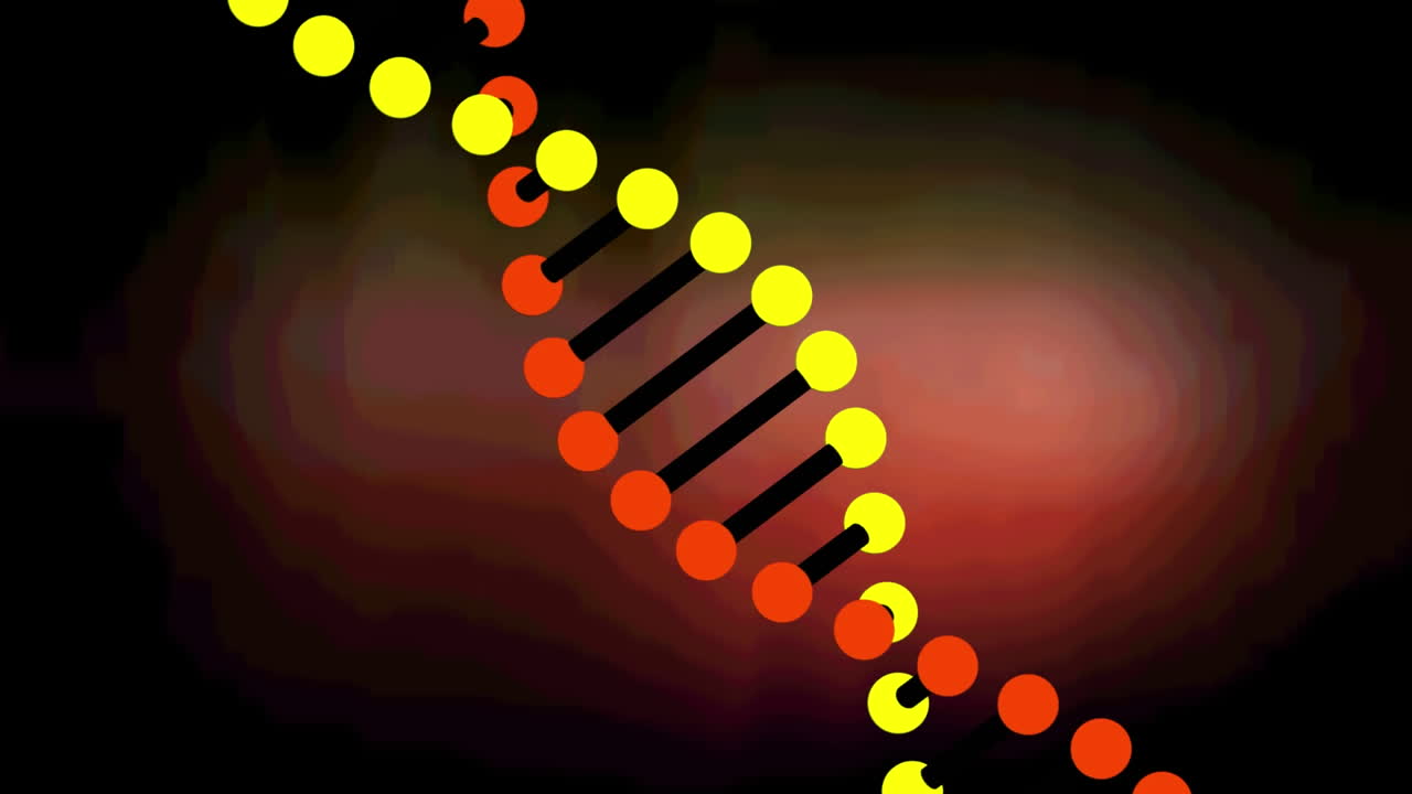 검은 바탕의  ⁇ 은 구름 위에서 회전하는 3d 모델 dna 가닥의 애니메이션