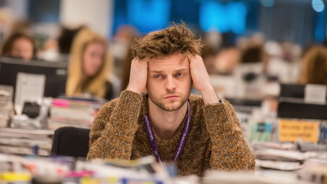 A Frustrated Individual in a Chaotic Office Environment, Experiencing Stress and Overwhelm Amidst Piles of Paperwork and Workloads