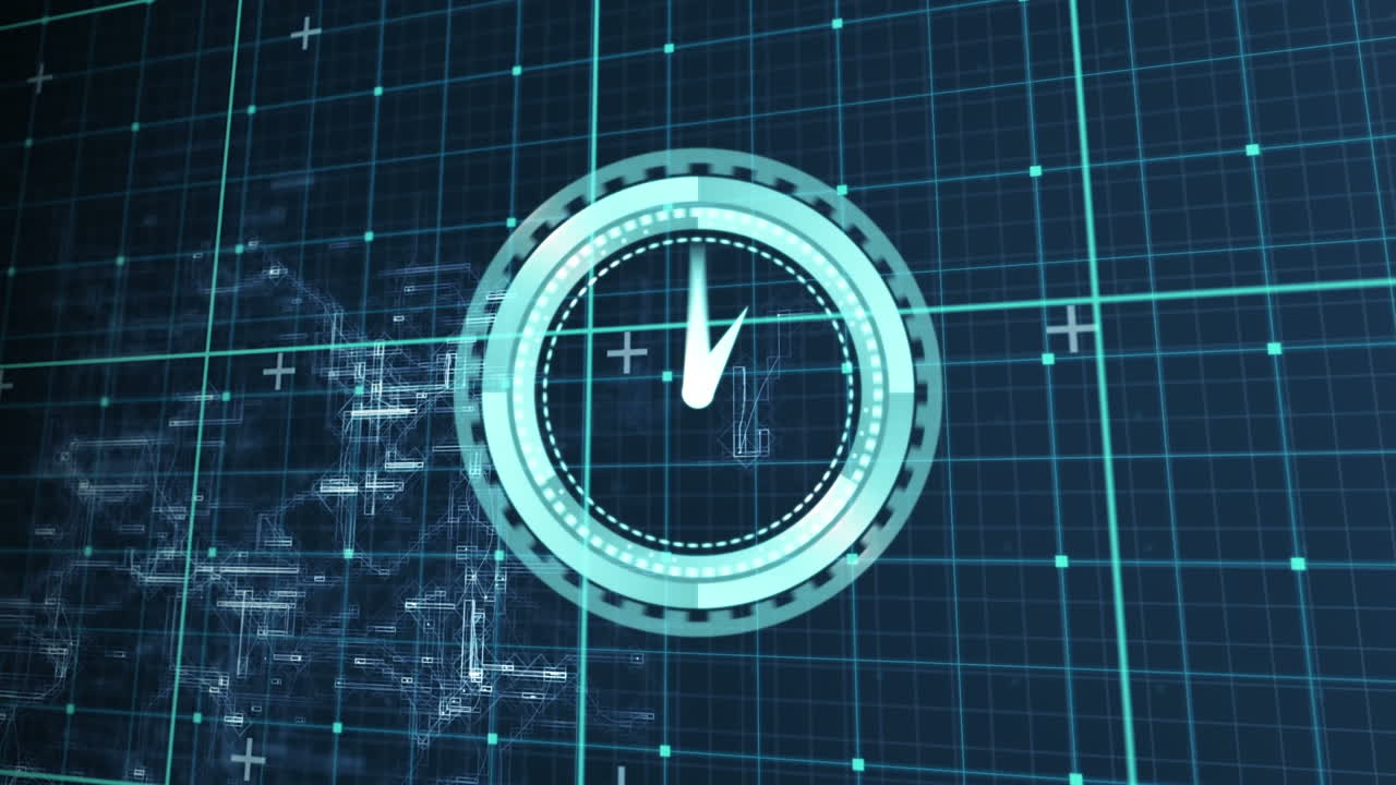 Animation of clock moving over checked dark blue background