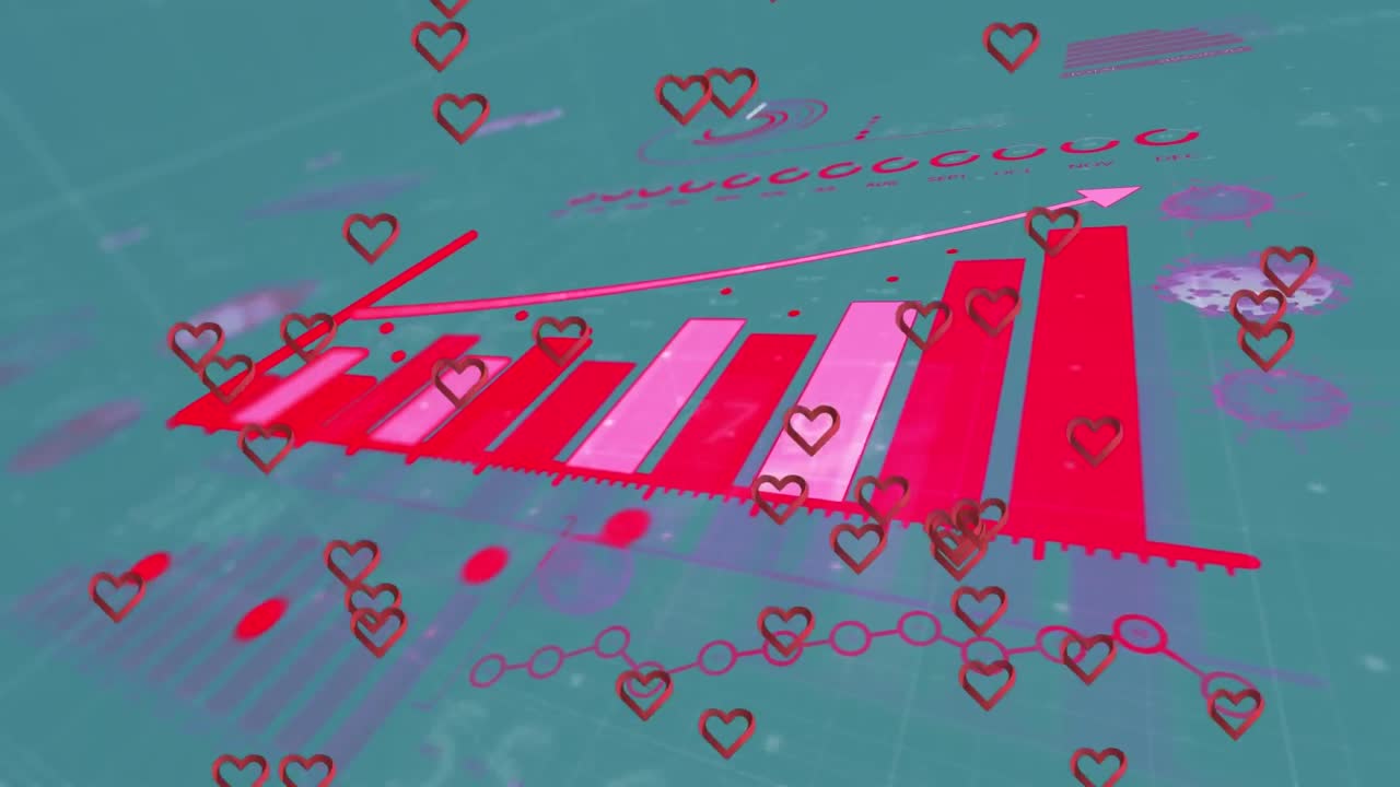 animación de las estadísticas de las células de covid-19 y los iconos de corazón sobre fondo azul