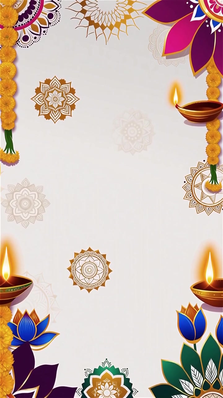 Sfondo Diwali con Diyas luminosi, Rangoli e fiori di loto
