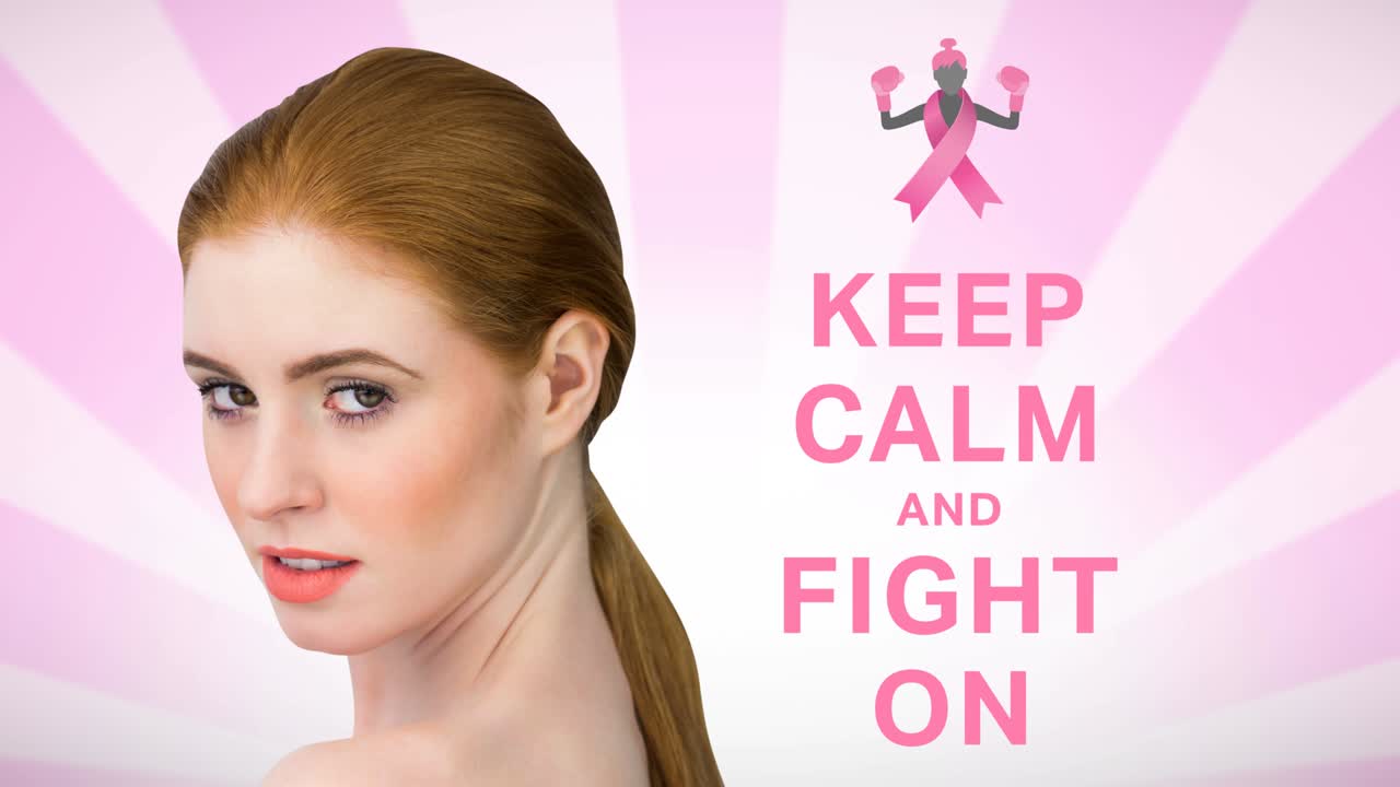 젊은 여성 위에 유방암 텍스트가 있는 분홍색 리본 로고의 애니메이션