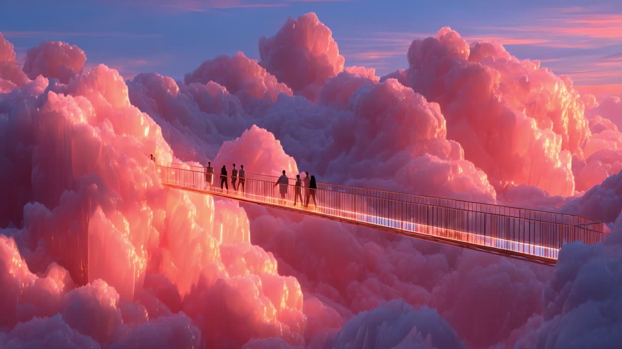 A Dreamlike Journey Across Ethereal Pink Clouds: A Group Walks on a Glowing Bridge, Surrounded by a Magical Landscape of Soft, Billowing Cloud Forms and Colorful Skies