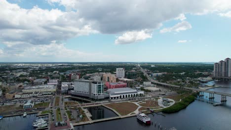 panning to the left aerial drone shot of fort myers commercial district