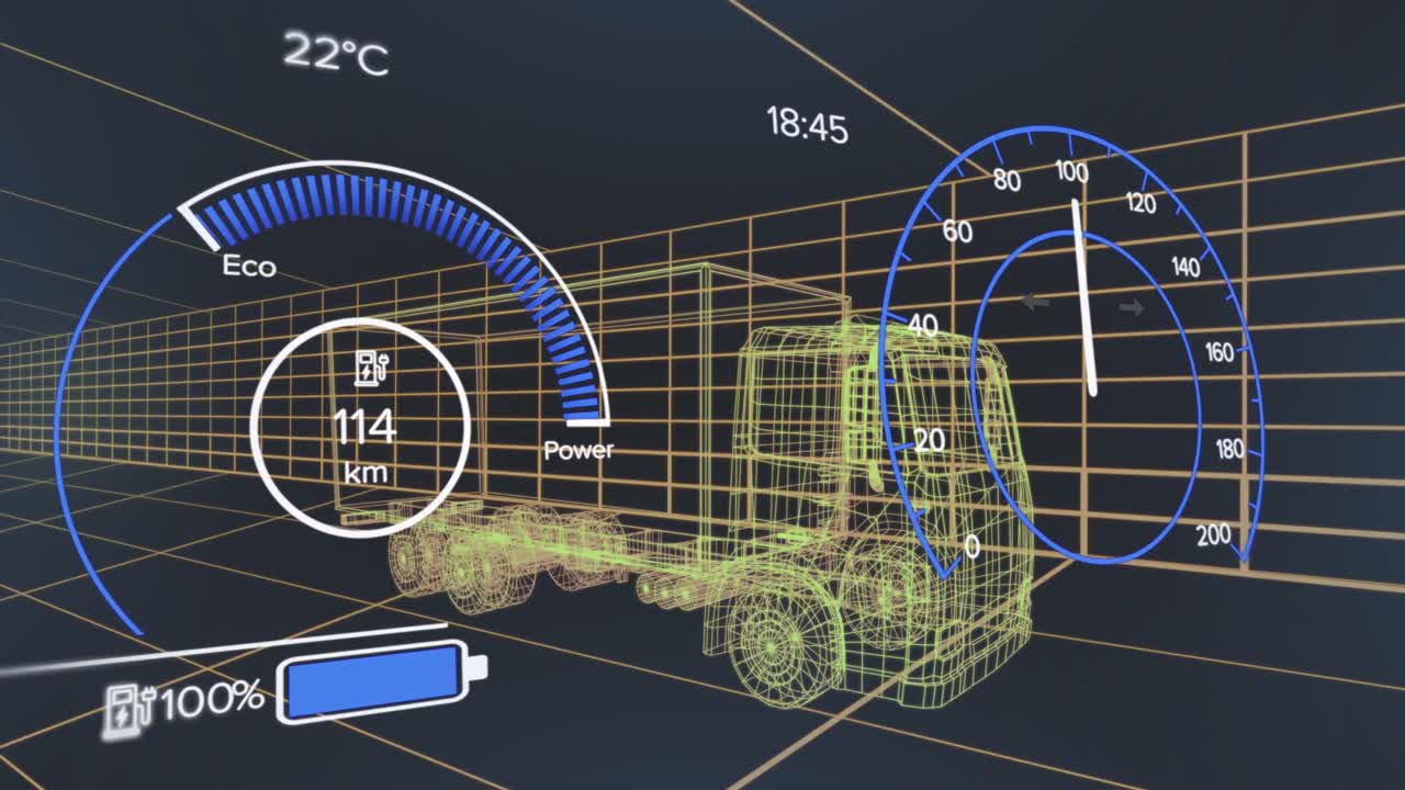 스피도미터의 애니메이션, 검은 바탕에 트럭의 3d 모델을 통해 숫자를 변경