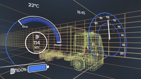 animación de velocímetros, cambios de números sobre un modelo 3d de camión contra un fondo negro