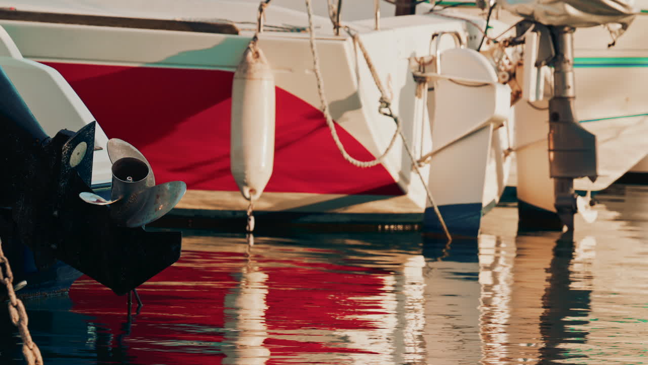 Cinematic shot of a boat propeller near a red hull, reflecting vibrant colors on the water surface