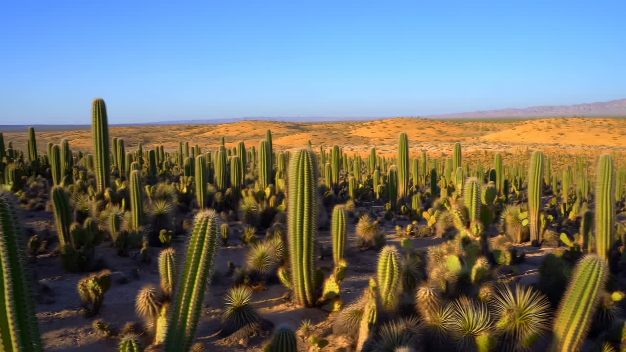 Vasto paesaggio desertico con numerosi cactus sotto un cielo azzurro e limpido.