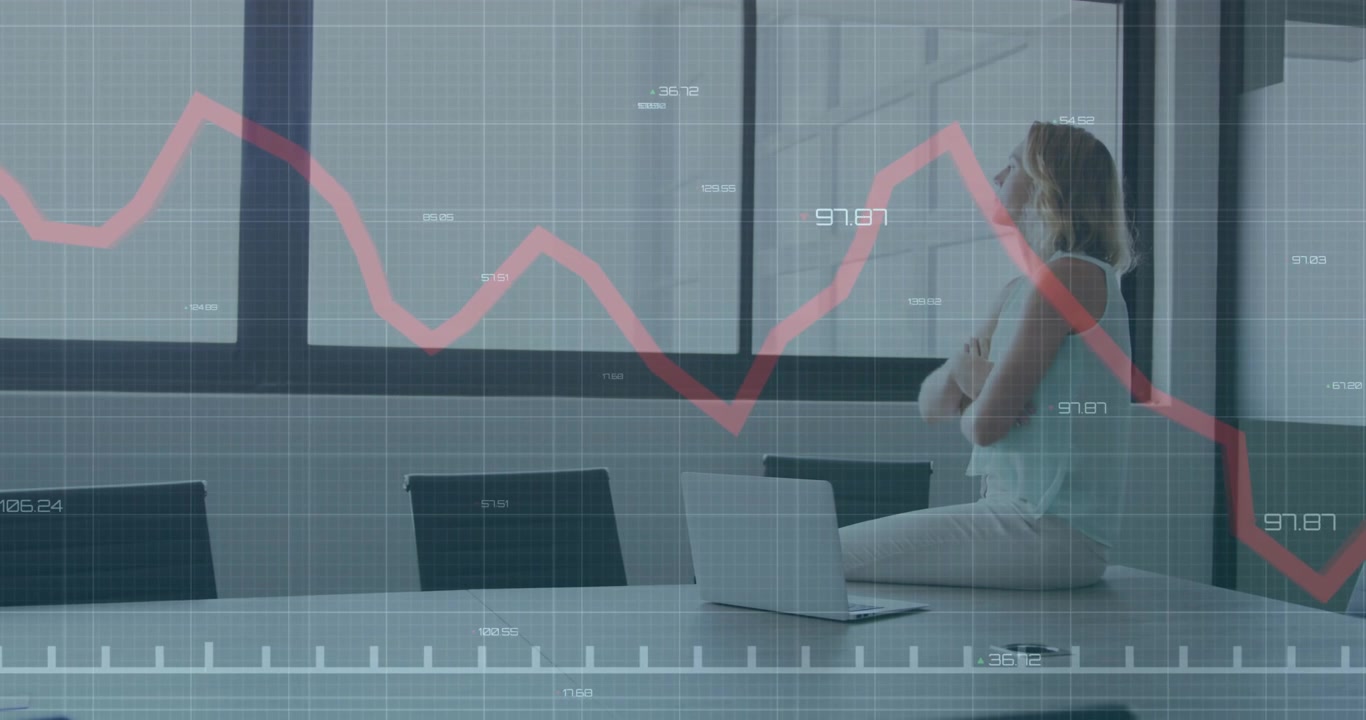 Businesswoman leaning on table watching laptop red graph dipping then pushing back crossing arms