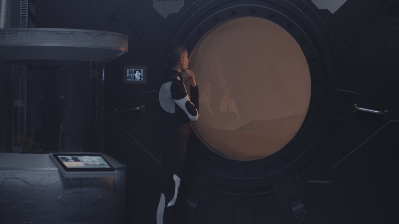 Astronaut Observing Martian Landscape from Space Station