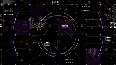 Animation-of-scope,-markers-and-data-processing-over-black-background