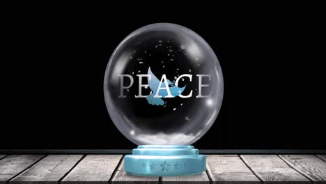 Animation-of-christmas-snow-globe-with-peace-text,-dove-and-snow-falling-on-black-background