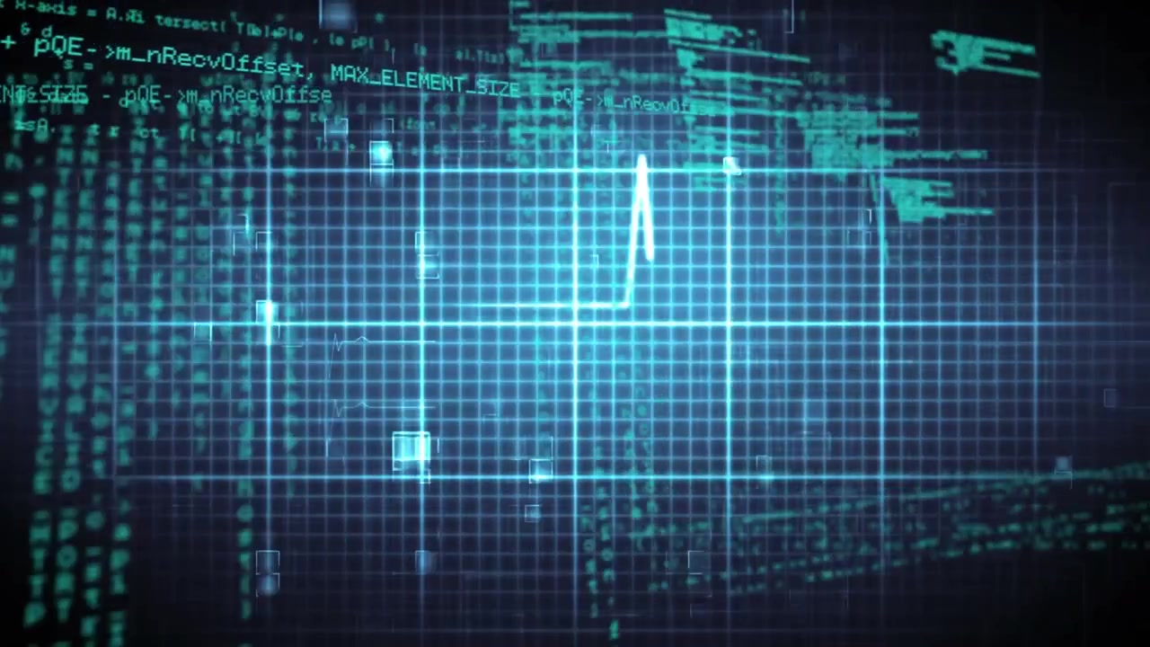 Animation of data processing over grid on black background